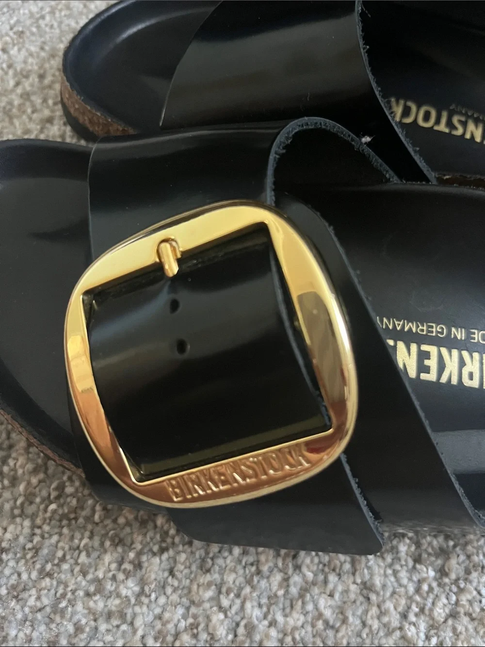 Birkenstock Black Gloss Single-Buckle Slide Sandals with Gold Buckles - Picture 4 of 4